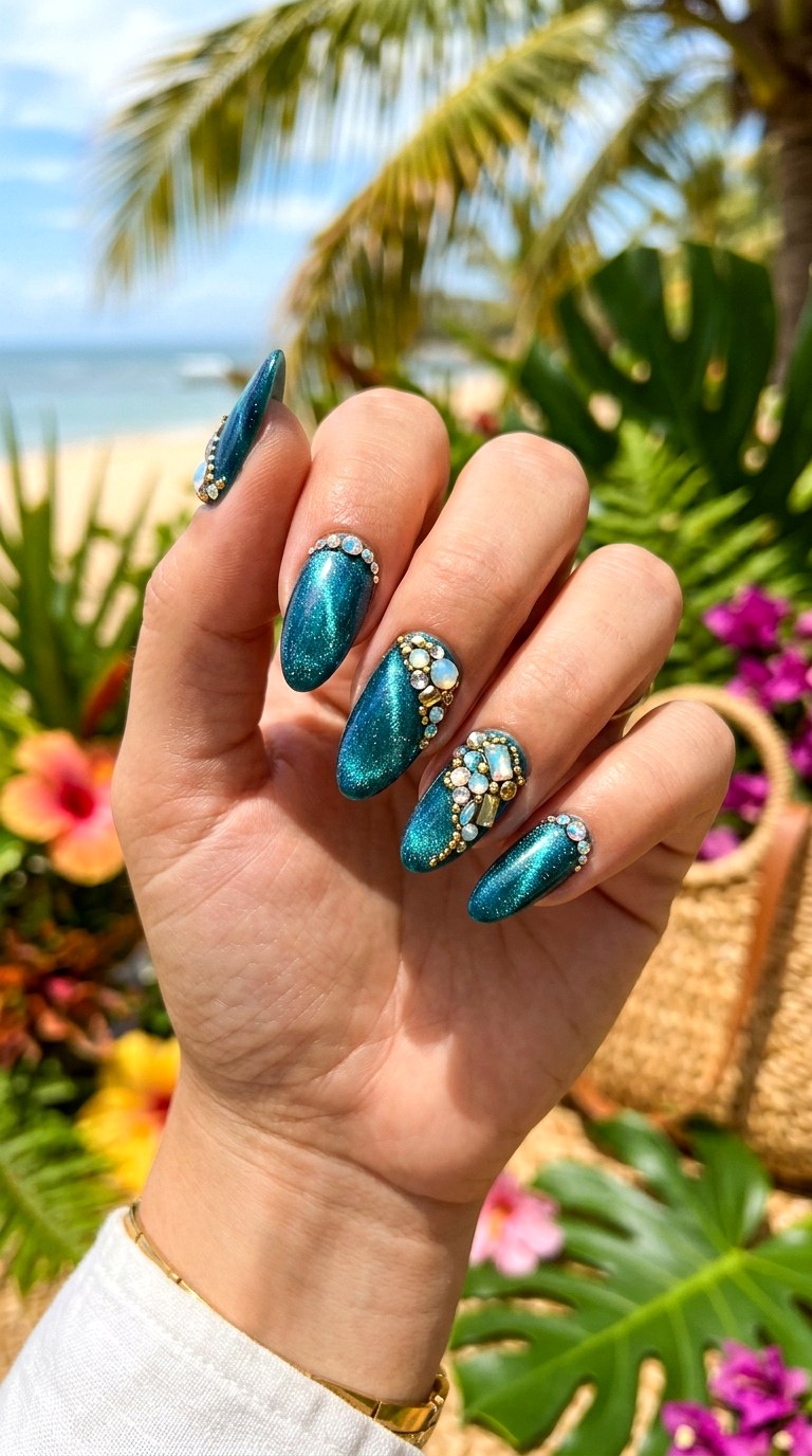 Teal Cat Eye with Mixed Crystal Sizes - 21 Summer Crystal Accent Cat Eye Nails Ideas