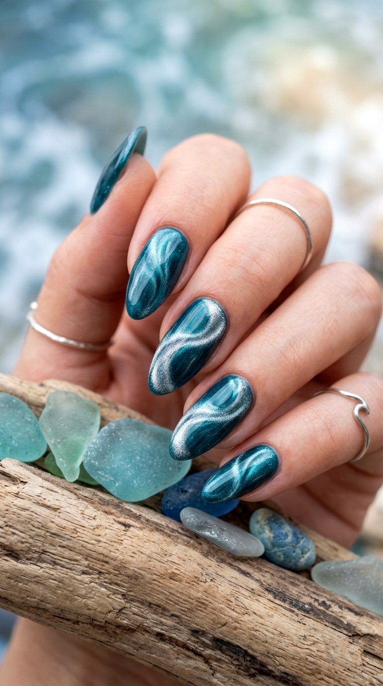 Teal and Silver Magnetic Waves - 20 Spring Dual-Tone Magnetic Cat Eye Nails Ideas