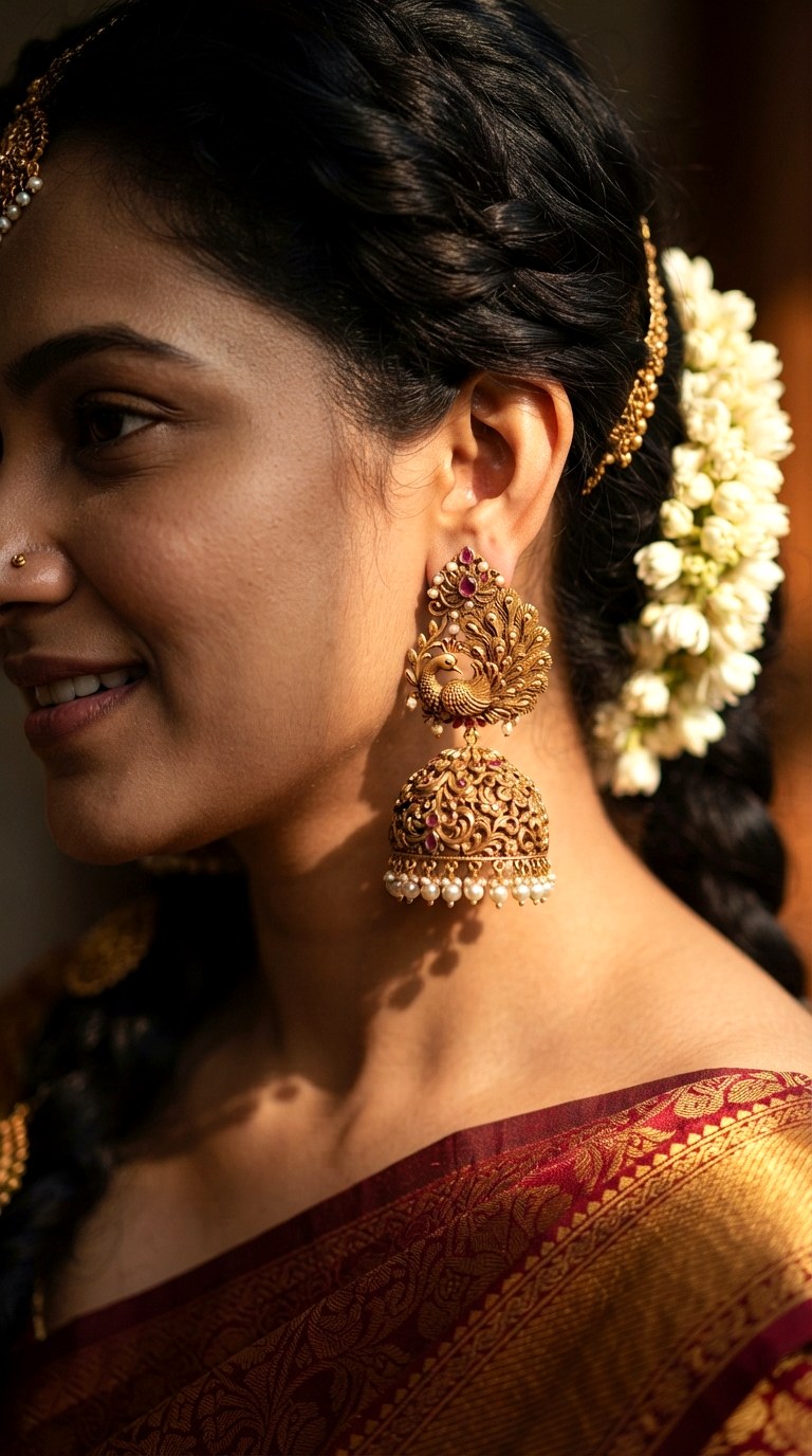 Temple Style Jhumka with Peacock Motif - 22 gold dangle earrings