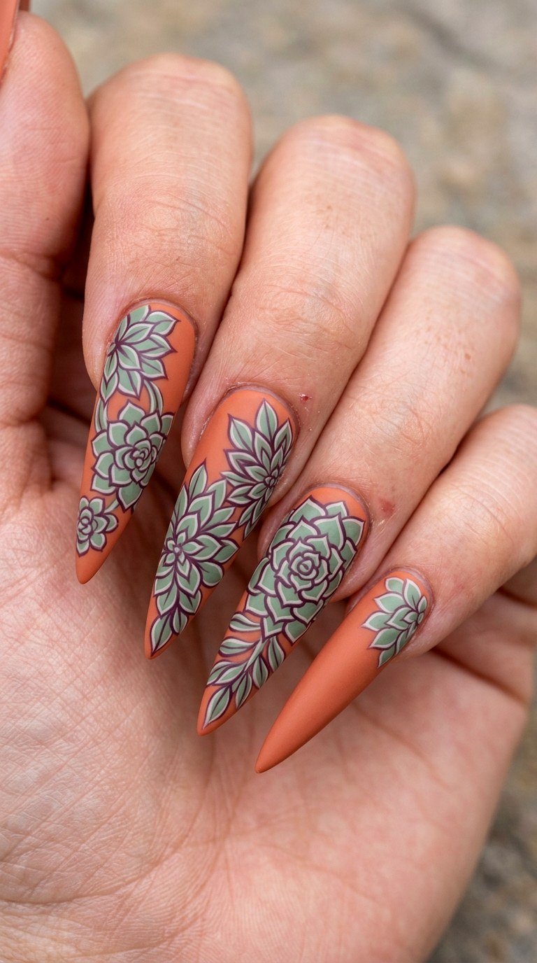 Terra Cotta Succulent Garden - 28 Botanical Spring Stiletto Nails