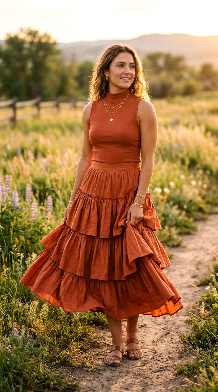 Terracotta Tiered Prairie Skirt - 20 orange skirt