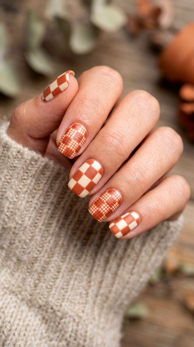 Terracotta and Cream Checkerboard - 27 Chic Spring Two Colored Nails