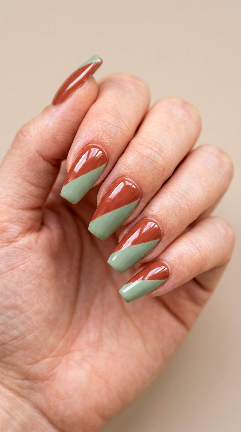 Terracotta and Sage Color Block - 24 Fresh Spring Acrylic Nails