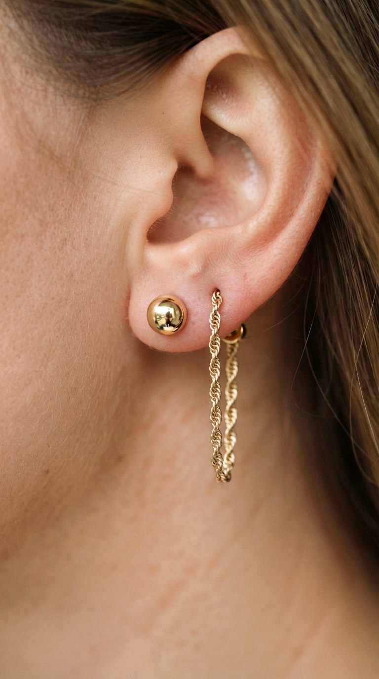 Textured Dome and Rope Chain Mix Gold Earnings - 27 earring stacks gold