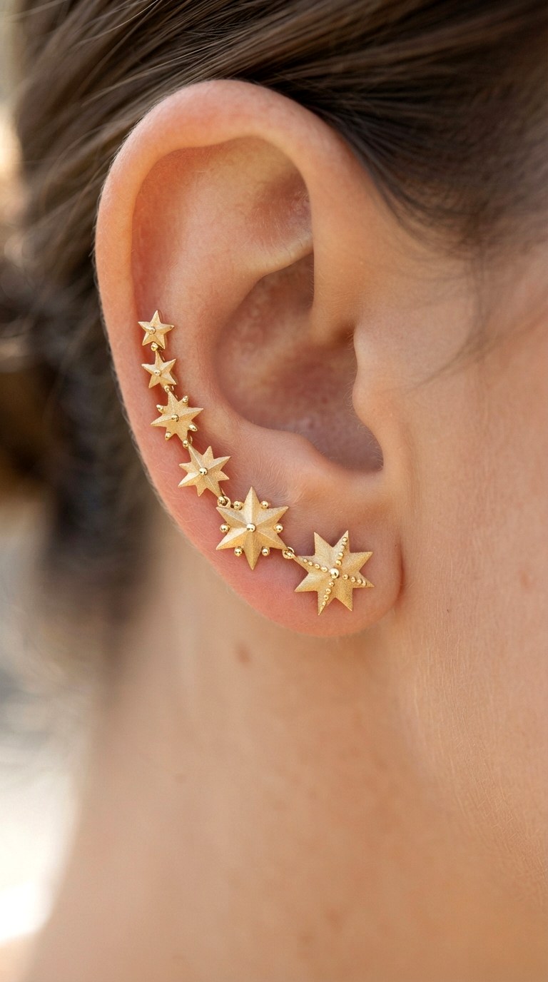 Textured Star Charm Climbers - 25 gold earrings stack