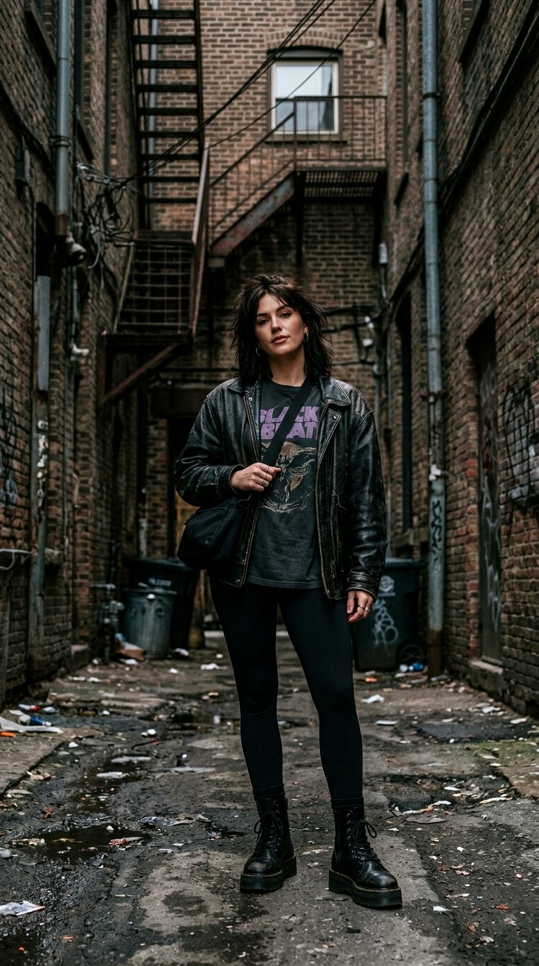 The Classic T Shirt and BlackLeggings - 27 oversized leather jacket outfits