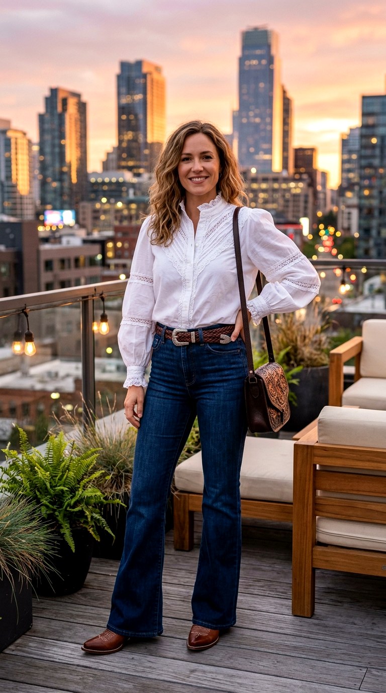 The Crisp White Blouse and Flared Jean Combination - 20 western outfits women casual