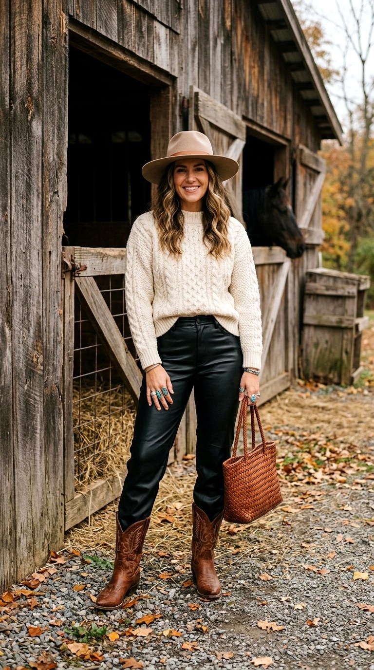 The Knit Sweater and Leather Trouser Pairing - 20 western outfits women casual