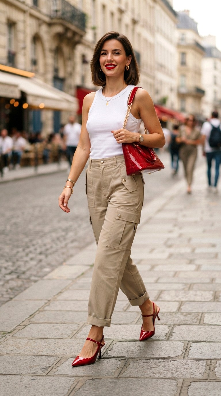 The Pop of Red Accessories - 28 cargo pants outfits women