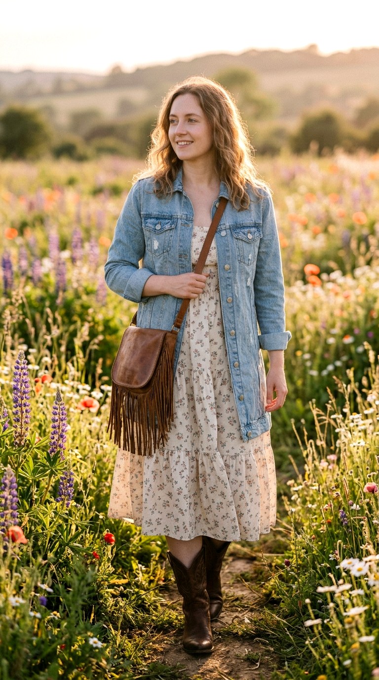 The Prairie Midi Dress With Modern Boots - 20 western outfits women casual
