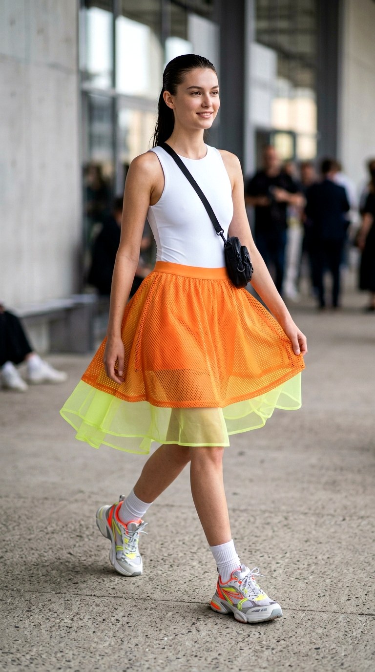 The Sporty Orange Mesh Overlay - 20 orange skirt