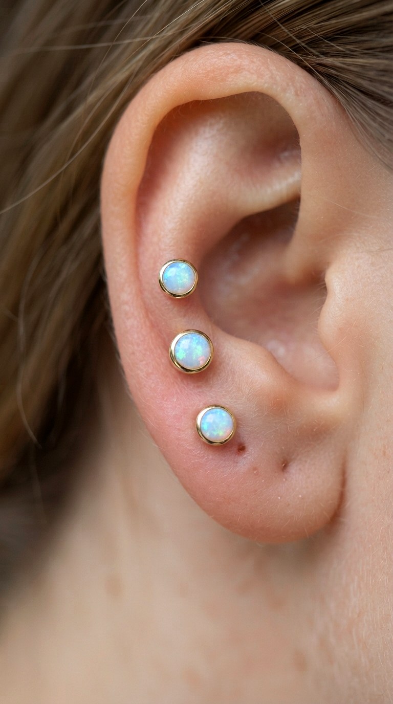 Threaded End Opal Trios - 25 gold earrings stack