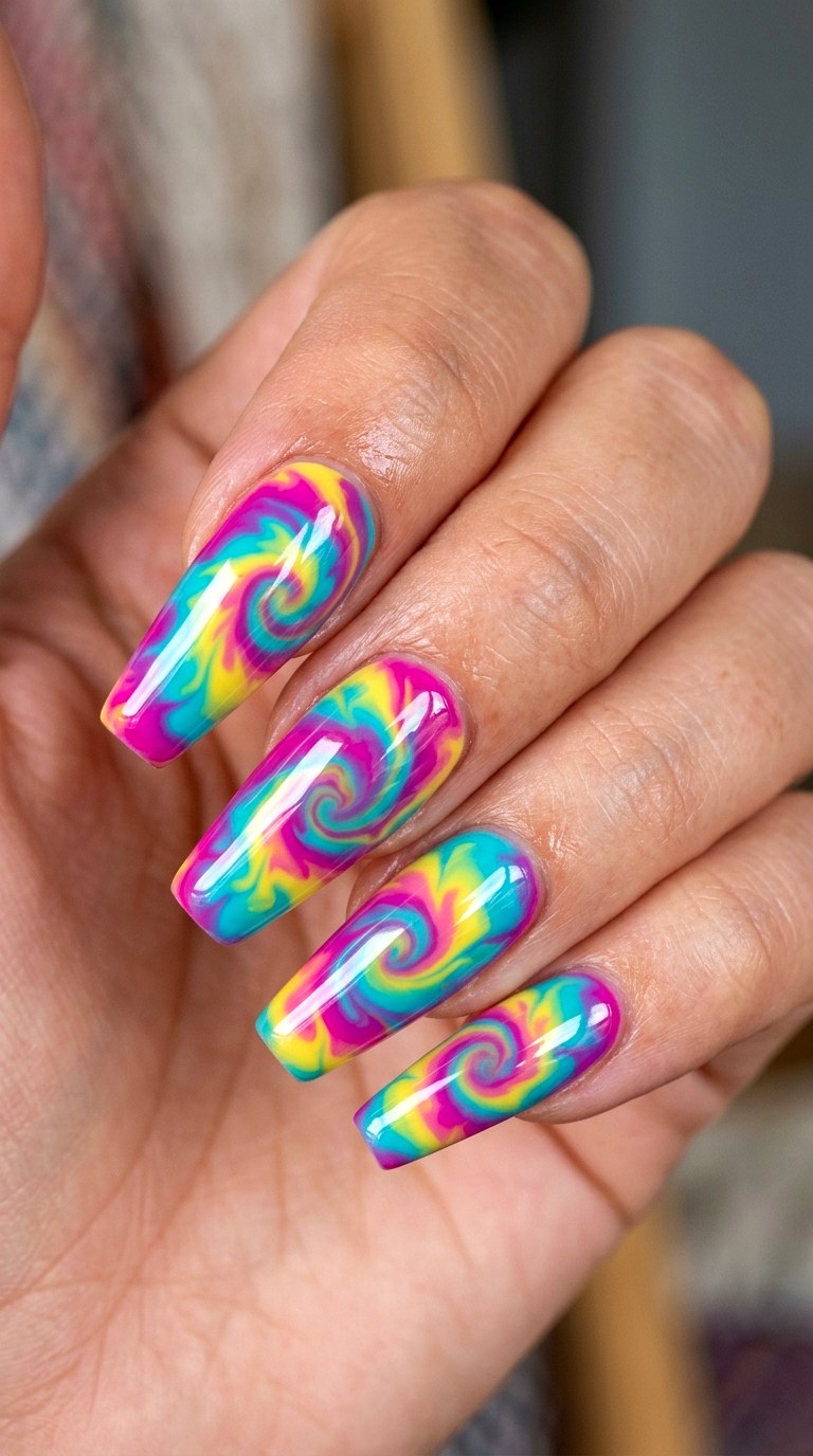 Tie Dye Groovy Hues - 25 Spring Break Multicolor Acrylic Nails