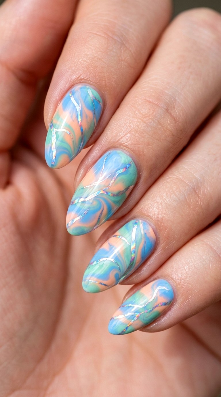 Tie Dye Pastels with Holographic Veins - 26 Creative Spring Colorful Junk Nails