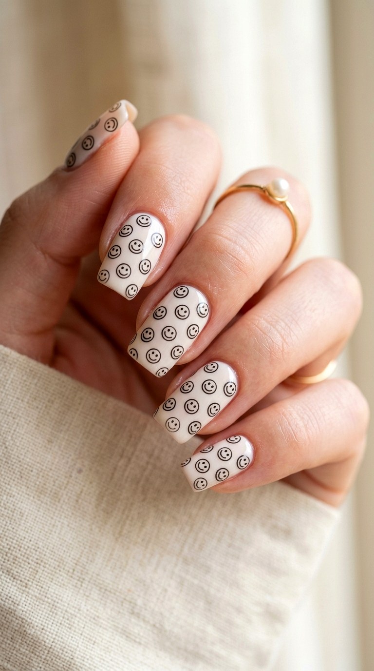 Tiny Smiley Pattern Nails - 20 Summer Smiley Face Cartoon Nails Ideas