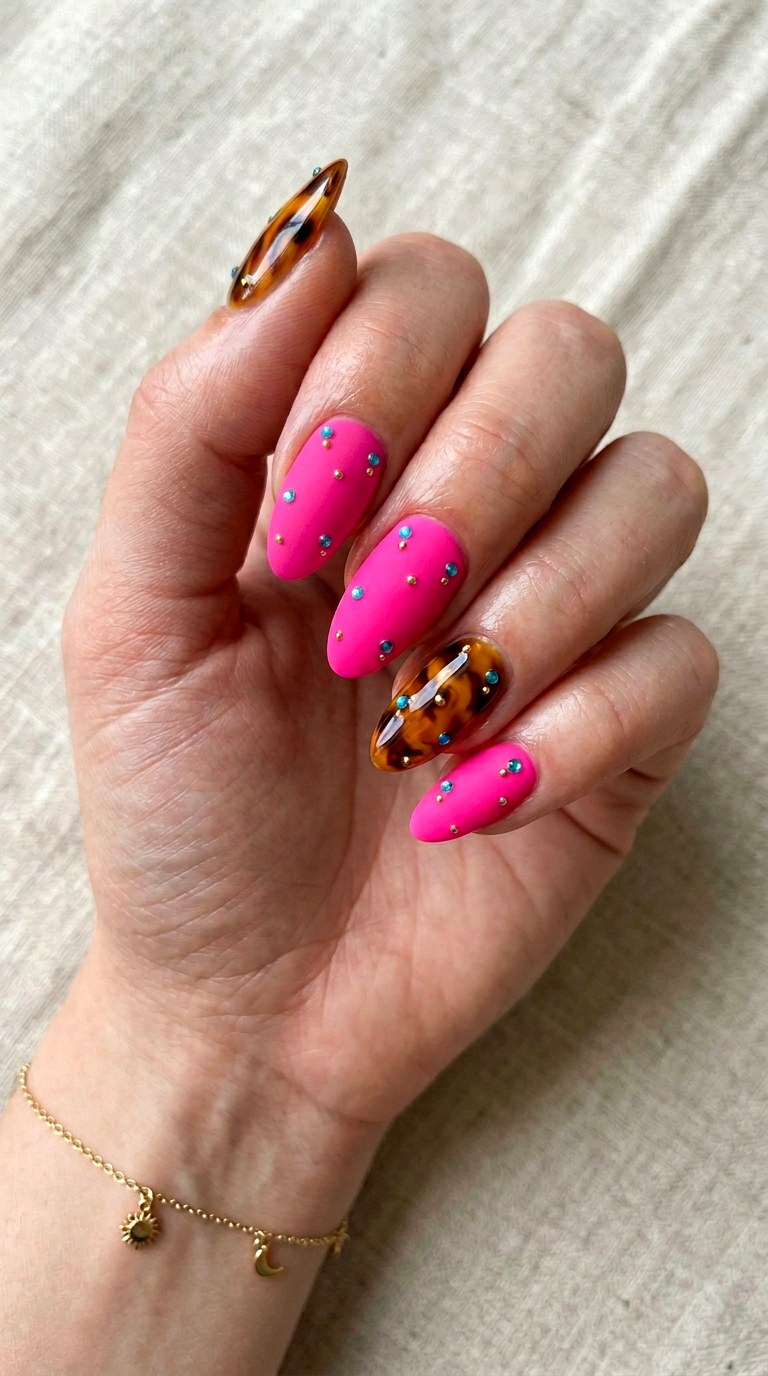 Tortoise Shell Accents with Neon Pink - 23 Contrast Spring Colorful Junk Nails