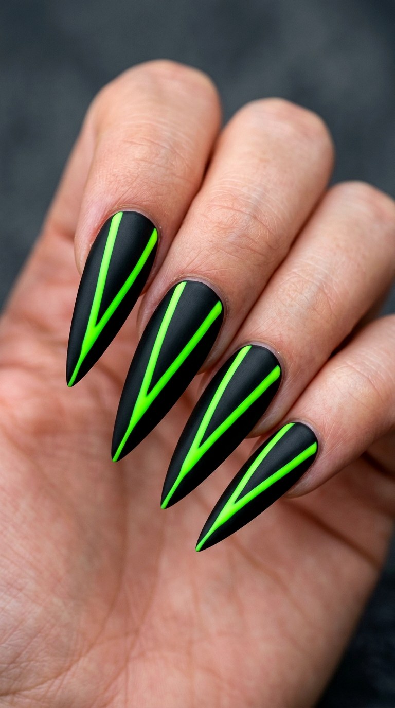 Toxic Green Plunge Lines - 21 Edgy Spring Stiletto Nails