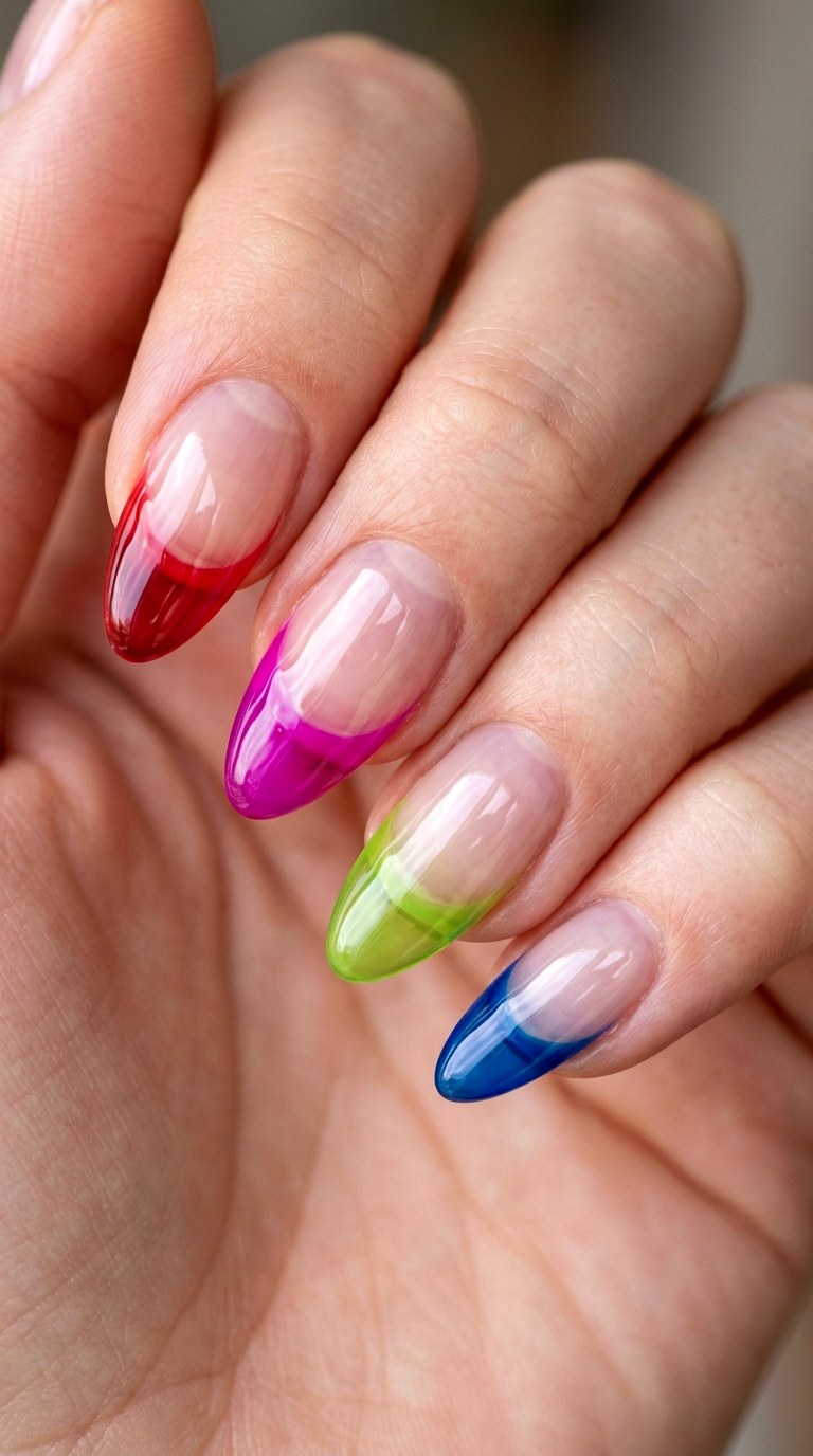 Translucent Jelly Mismatched Rainbow Tips - 20 Sunny Spring Multicolor Acrylic Nails