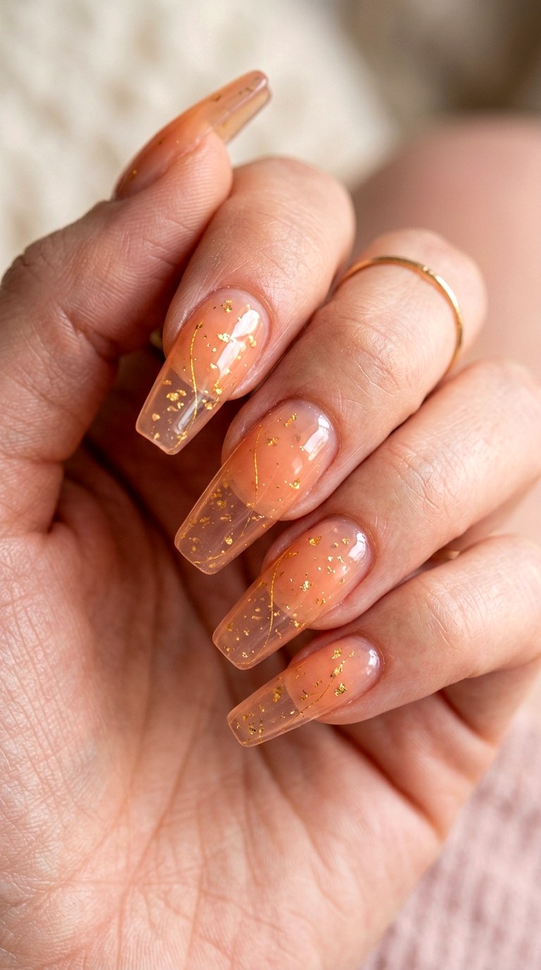 Translucent Jelly Sandwich with Gold Flecks - 29 Fine-Line Spring Acrylic Nails