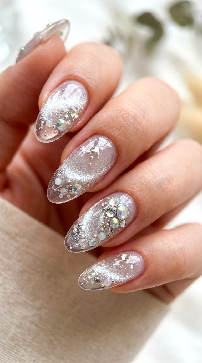 Transparent Cat Eye with Embedded Crystals - 21 Summer Crystal Accent Cat Eye Nails Ideas