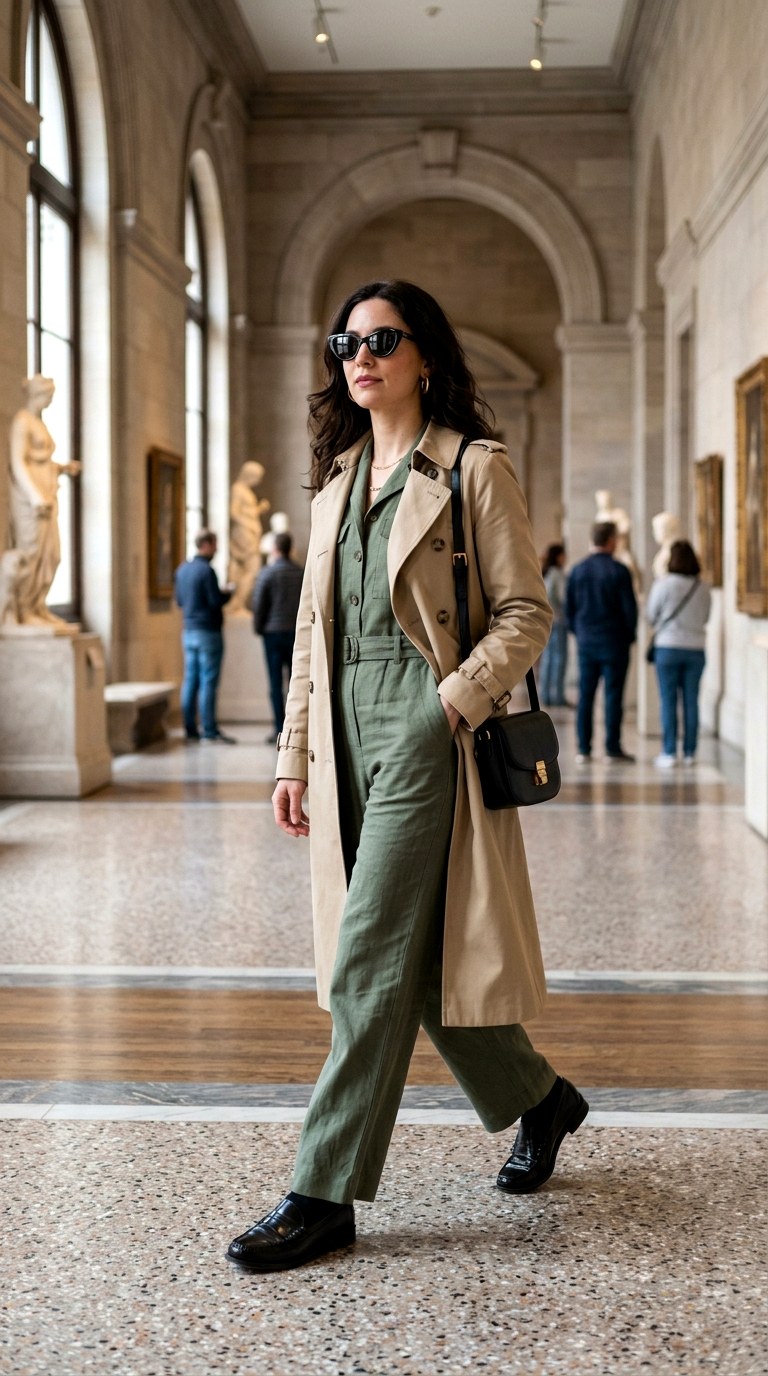 Trench Coat and Loafers - 28 green jumpsuit outfit