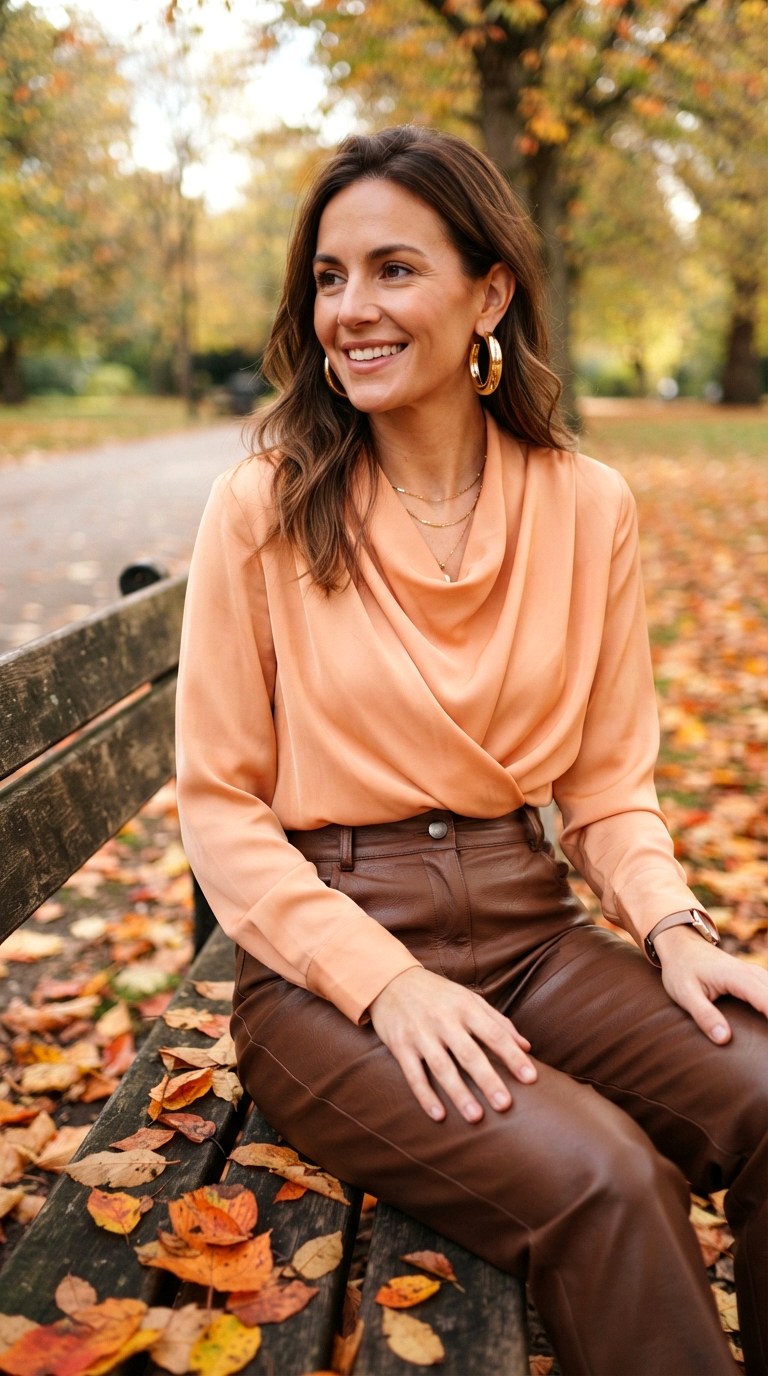 Trendy Brown Faux Leather Trousers - 27 orange top outfit
