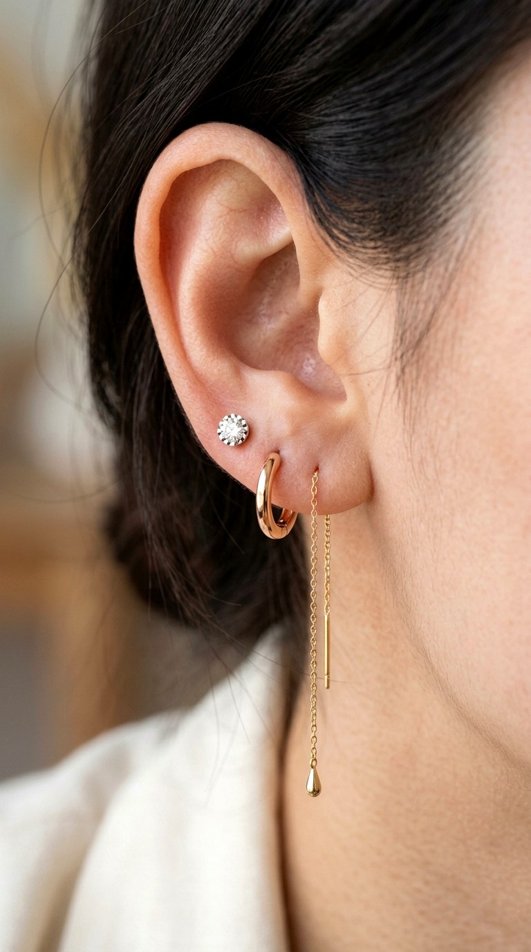 Tri Color Gold Pave Cluster Gold Earnings - 27 earring stacks gold