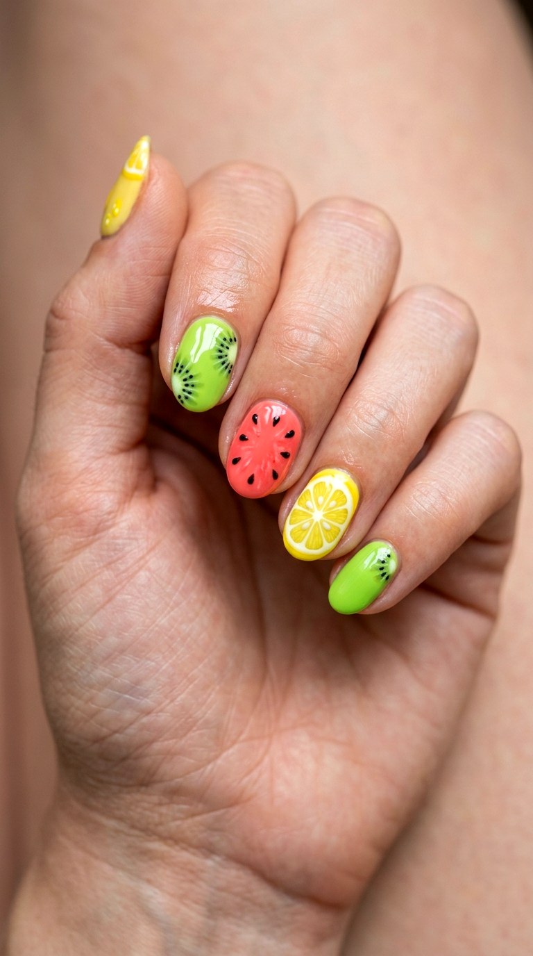 Tropical Fruit Salad Nails - 29 Fun Spring Multicolor Nails