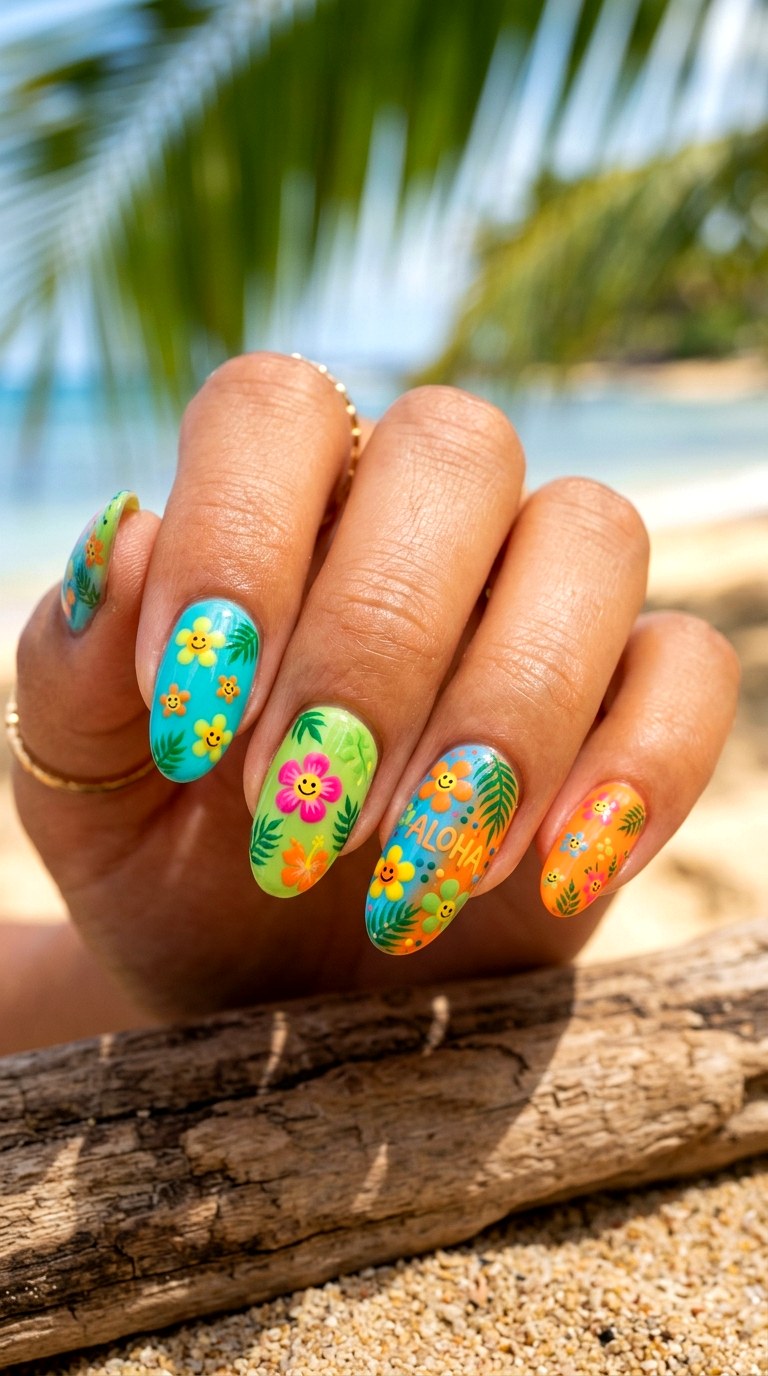 Tropical Happy Flower Nails - 20 Summer Happy Flower Cartoon Nails Ideas