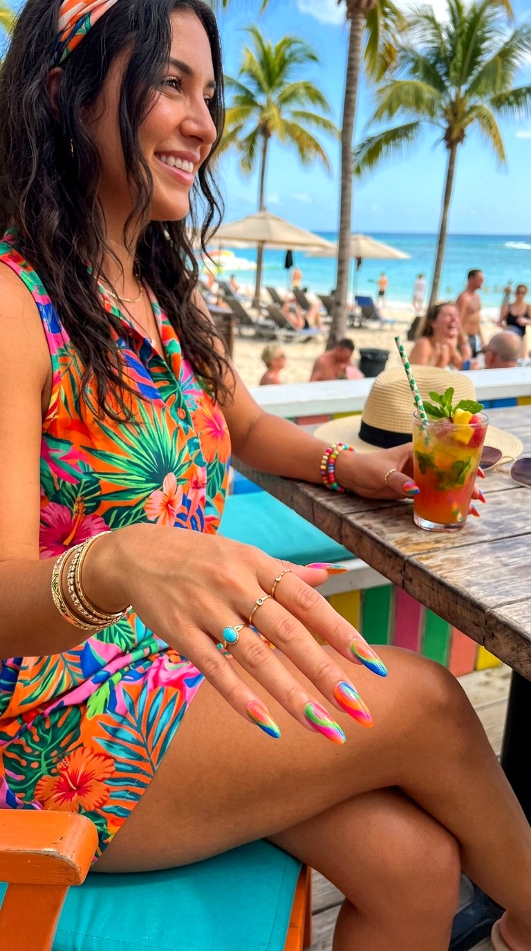 Tropical Multi Color Swirl Nails - 21 Summer Swirl Cat Eye Nails Ideas