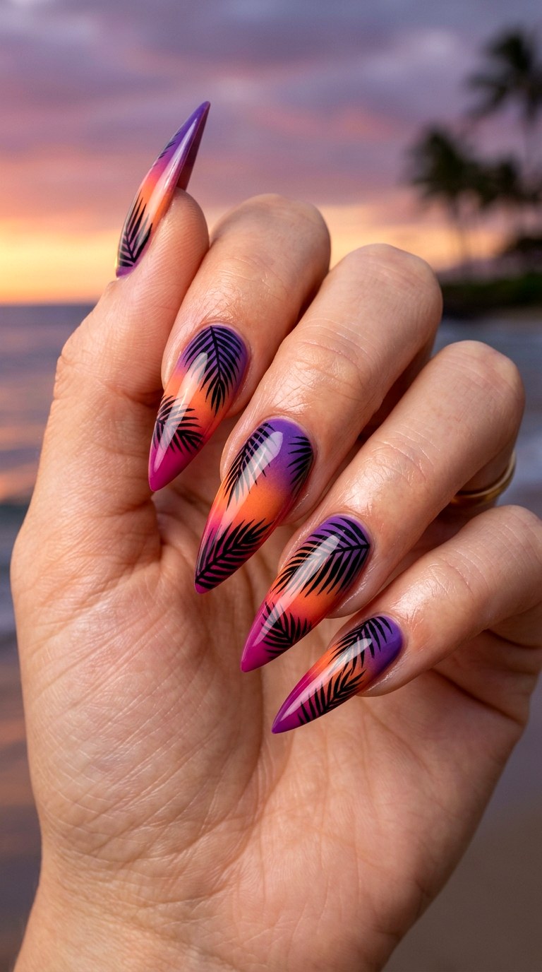 Tropical Palm Sunset - 28 Botanical Spring Stiletto Nails