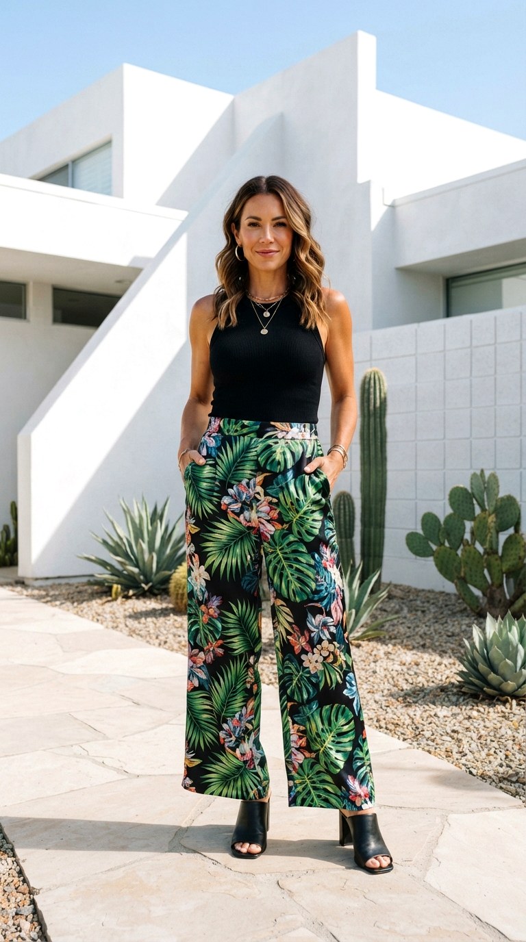 Tropical Print Wide Leg Pants - 29 vacation outfit ideas
