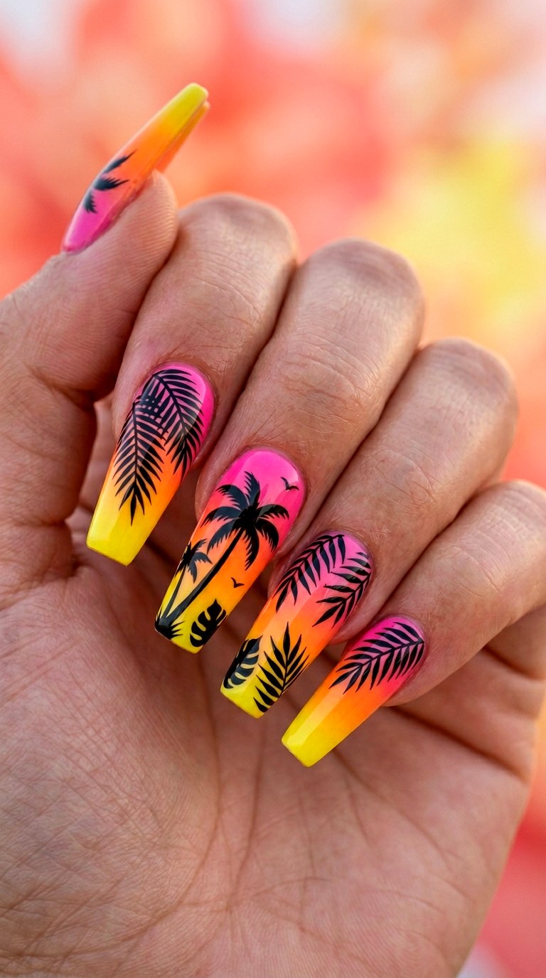 Tropical Sunset Silhouette Nails - 20 Sunny Spring Multicolor Acrylic Nails