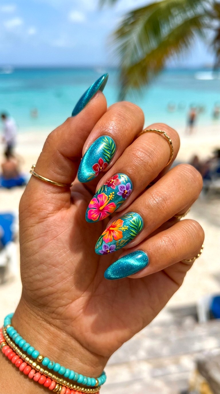 Turquoise Cat Eye with Exotic Floral Art - 22 Summer Glossy Floral Cat Eye Nails Ideas