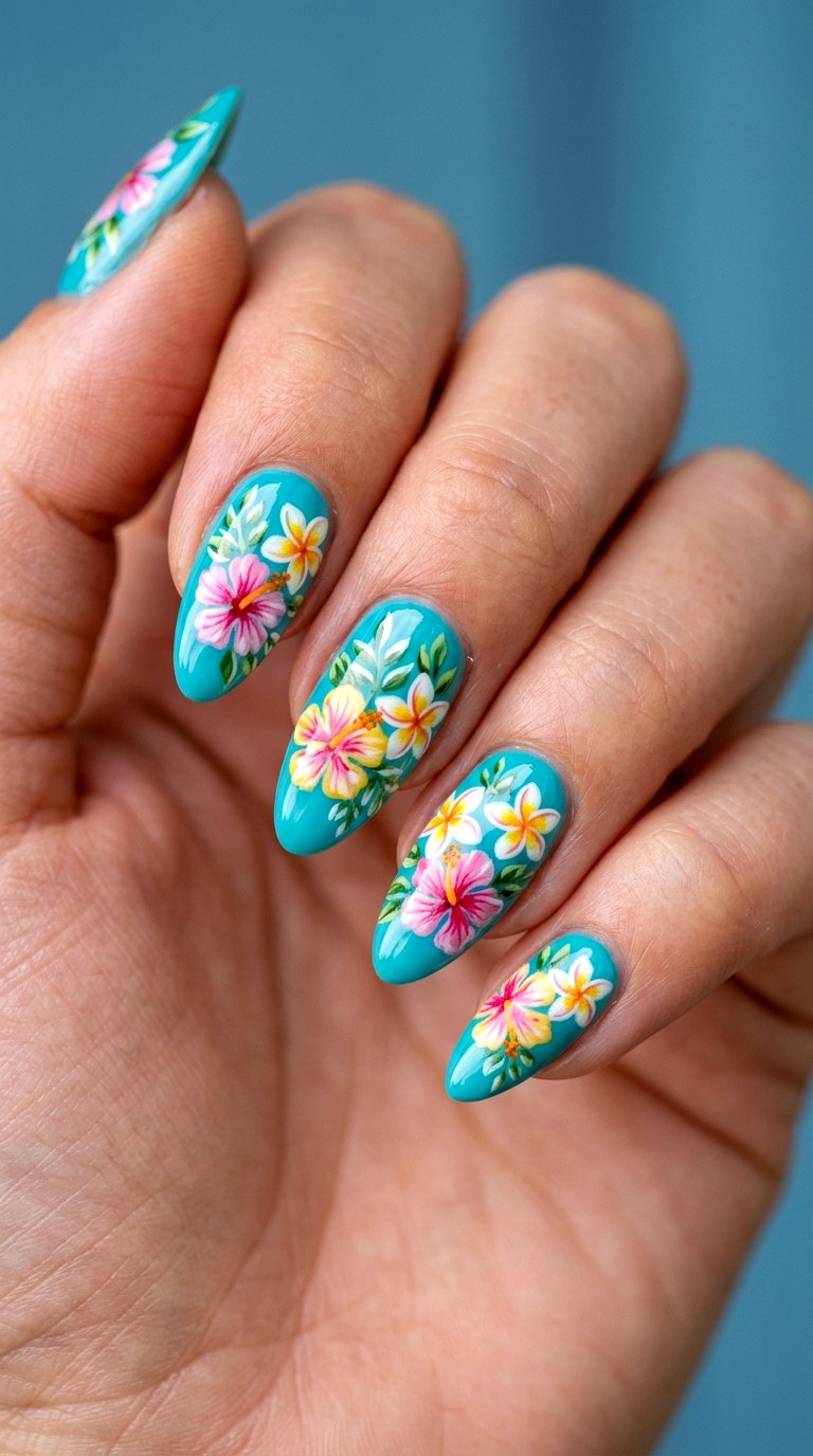 Turquoise Floral Fantasy on Almond Nails - 22 Bright Spring Multicolor Acrylic Nails