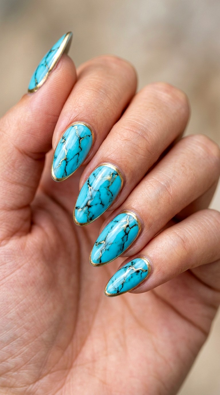 Turquoise Stone Veins - 29 Beach Summer Acrylic Nails