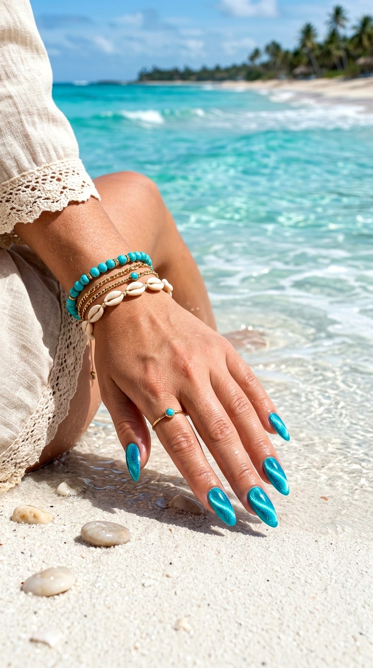 Turquoise Swirl Cat Eye Nails - 21 Summer Swirl Cat Eye Nails Ideas