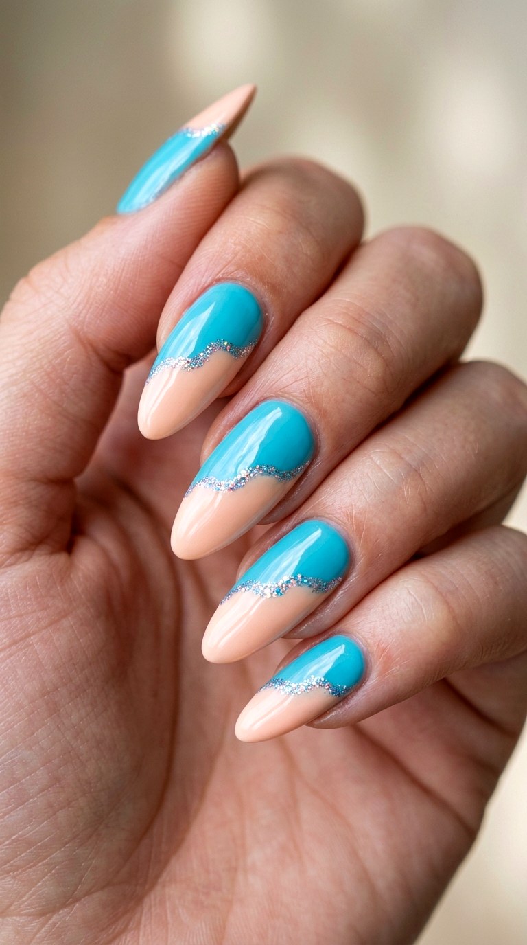 Turquoise and Pale Peach Ocean Vibes - 20 Abstract Spring Two Colored Nails
