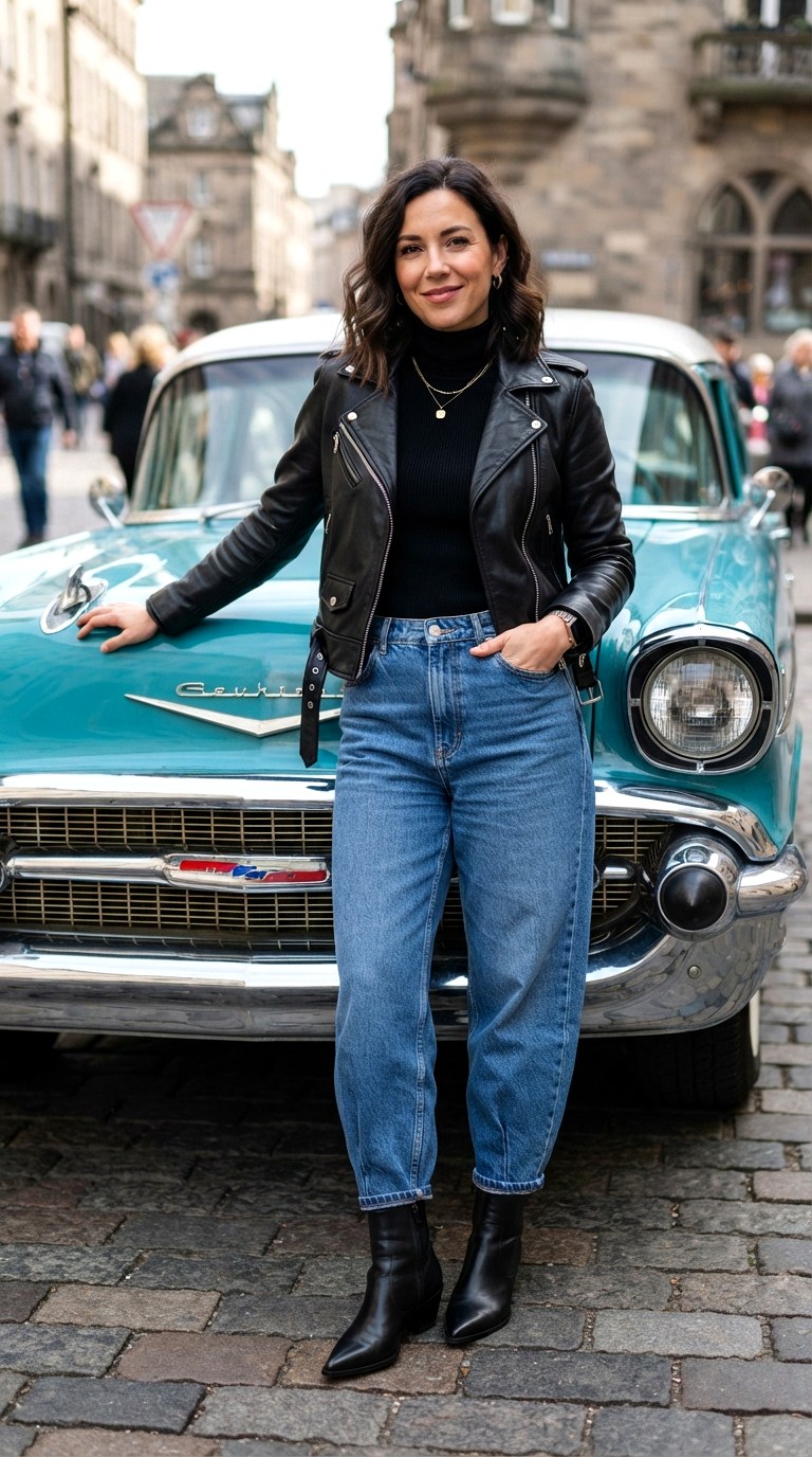 Turtle Neck and Barrel Leg Denim - 22 leather jacket outfits women