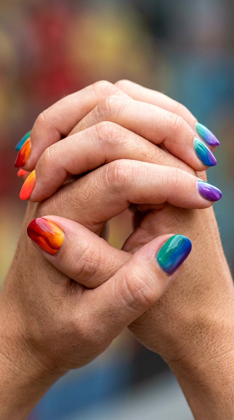 Two Hand Connected Rainbow Flow - 26 Rainbow Spring Multicolor Acrylic Nails