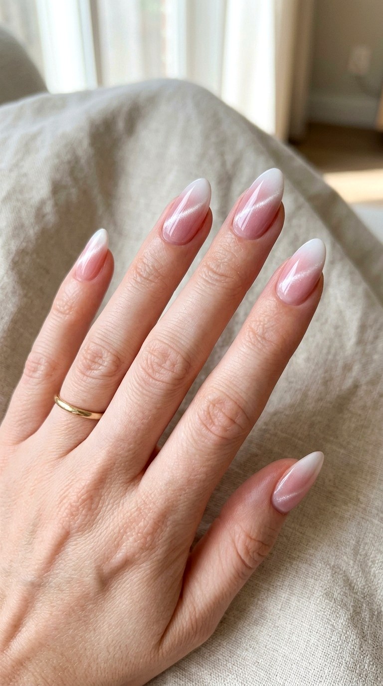 Ultra Gloss Pink to White Cat Eye Minimal Nails - 21 Summer Pink and White Gradient Cat Eye Nails Ideas