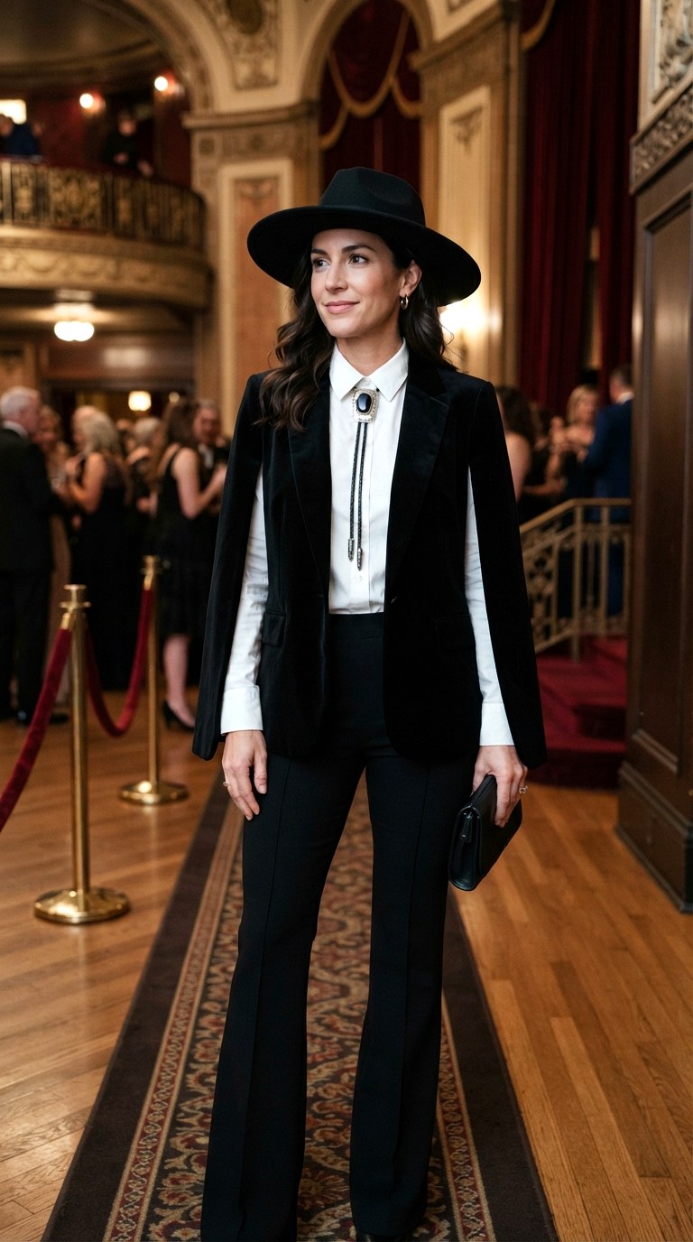 Velvet Cape Blazer with Wide Brim Hat Western Chic Outfit - 29 western chic outfits