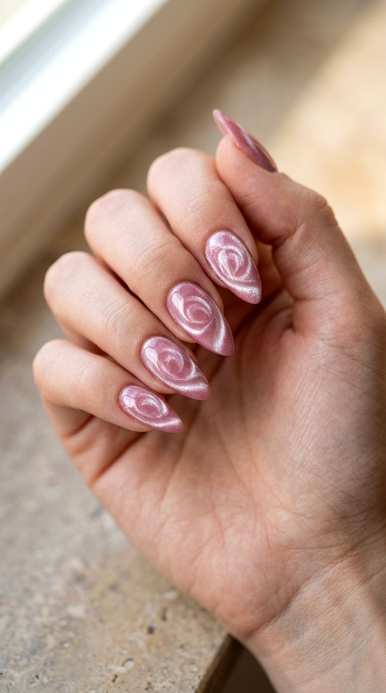Velvet Cat Eye Rose Illusion - 26 Floral Spring Acrylic Nails