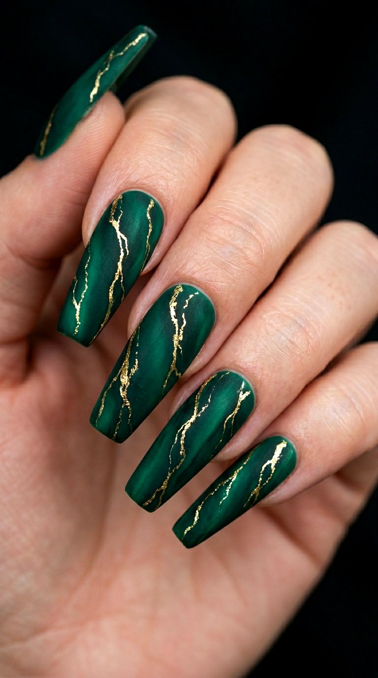 Velvet Matte Emerald with Gold Leaf Veins - 21 Matte Spring Multicolor Nails