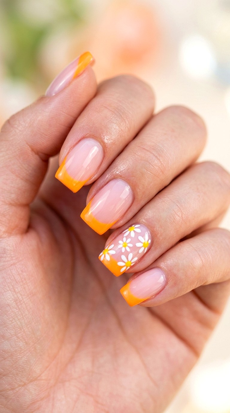 Vibrant Citrus Orange Daisy French - 29 Artsy Spring Colorful Junk Nails