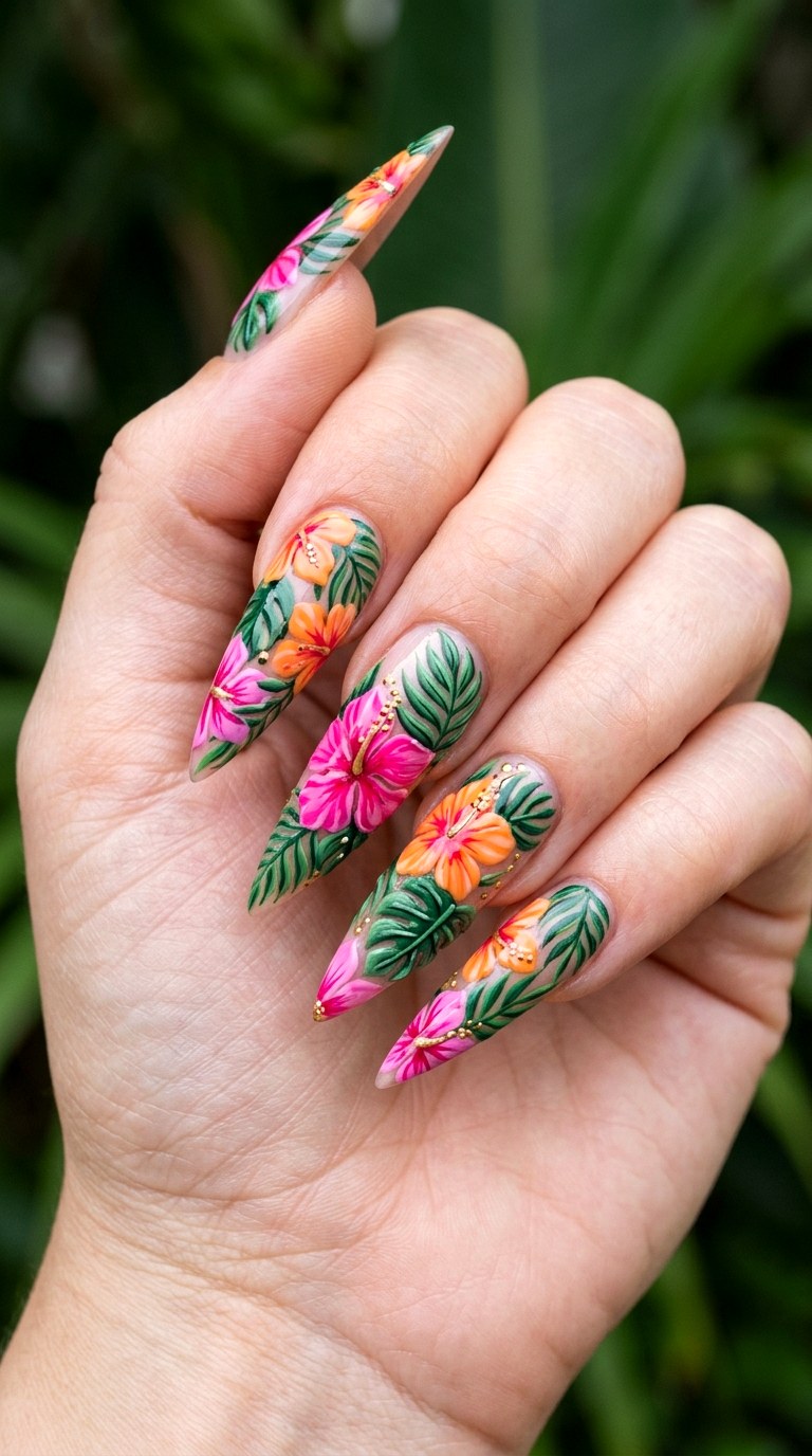Vibrant Stiletto Tropical Bloom Acrylics - 26 Early Spring Multicolor Acrylic Nails