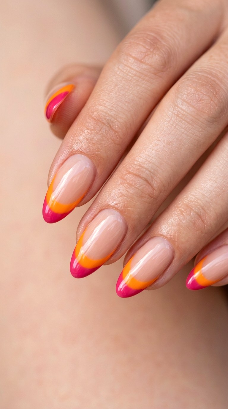 Vibrant Sunset Orange and Pink French Tips - 22 Bright Spring Multicolor Acrylic Nails
