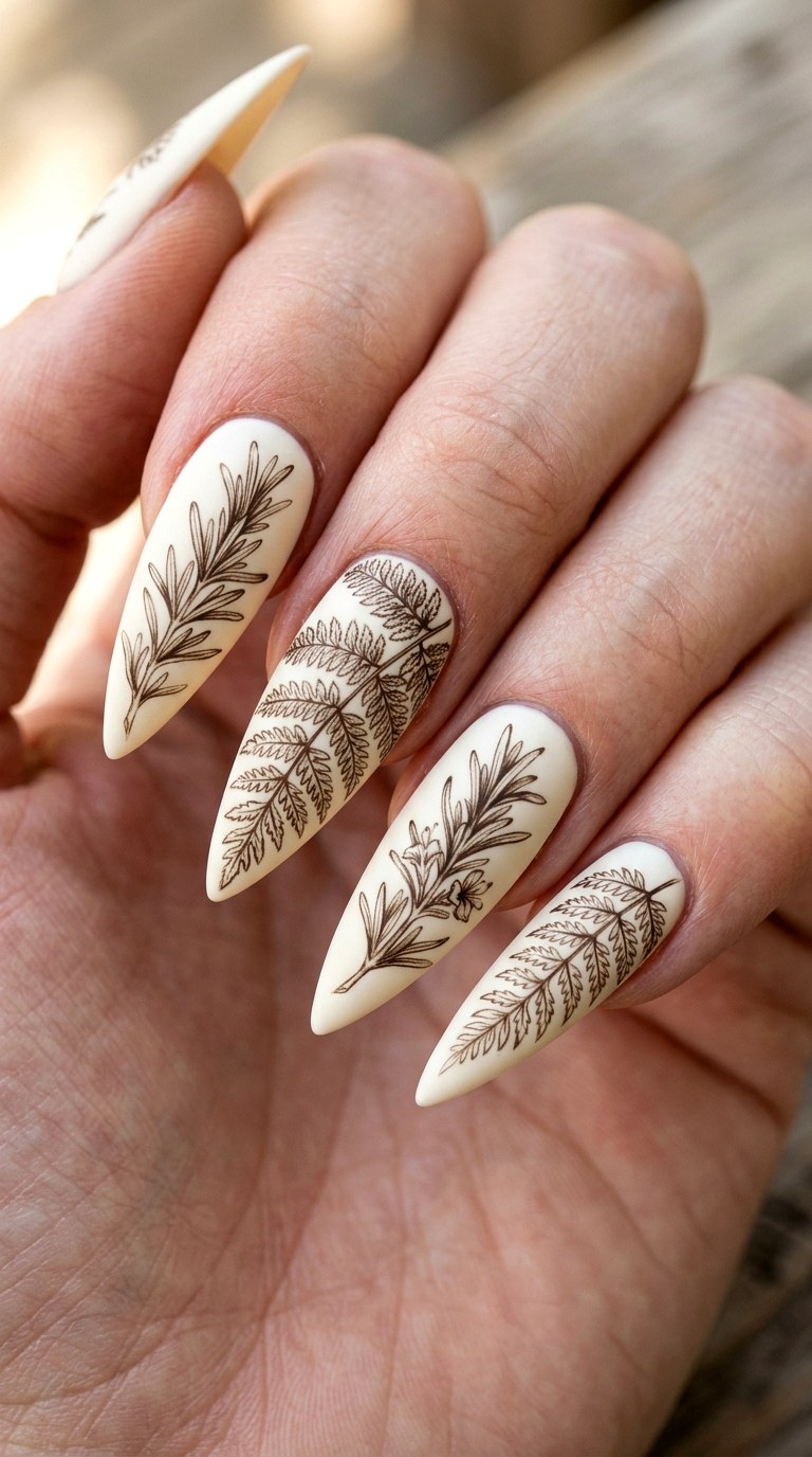 Vintage Herbarium Illustration - 28 Botanical Spring Stiletto Nails