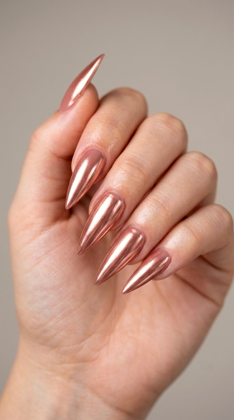 Vintage Rose Gold Chrome - 21 Chrome Spring Stiletto Nails