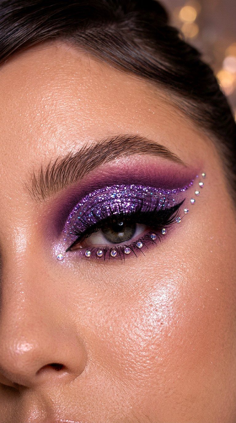 Violet Glitter Cut Crease - 24 Holographic Sparkle Eye Makeup for Night Parties